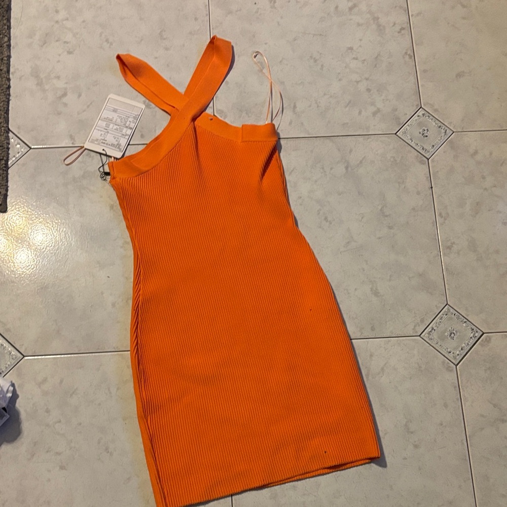 Orange Ribbed Cross-Strap Bodycon Dress
